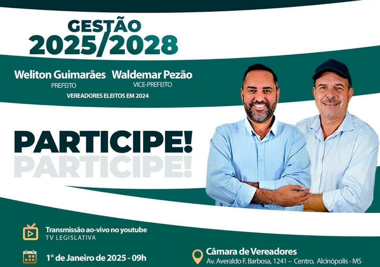 Imagem de compartilhamento para o artigo Câmara de Alcinópolis realiza sessão solene para posse do prefeito eleito Weliton Guimarães e vice Waldemar Pezão da MS Todo dia